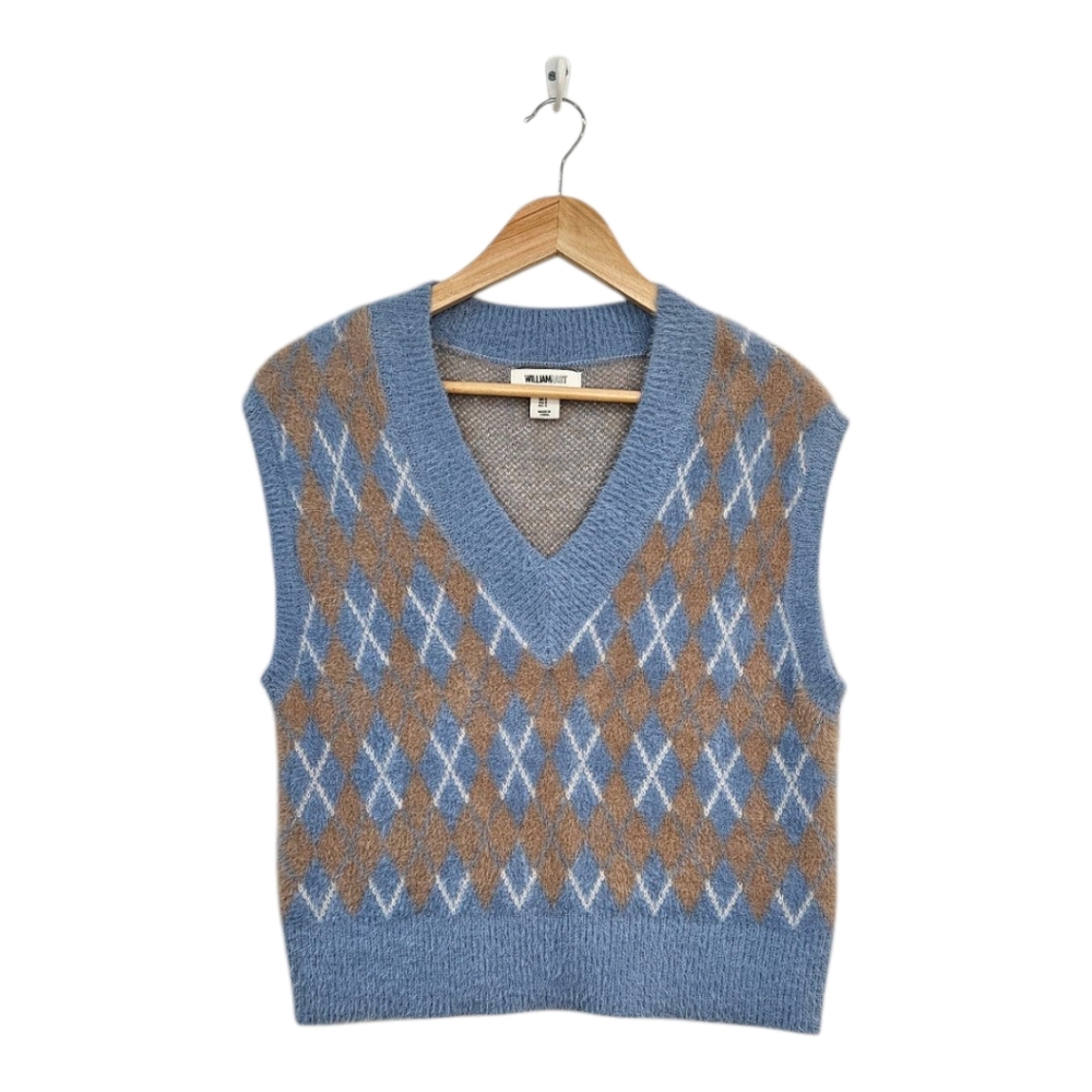 Eyelash Knit Sleeveless Argyle Pullover Baby Blue Tan Sweater Size S
